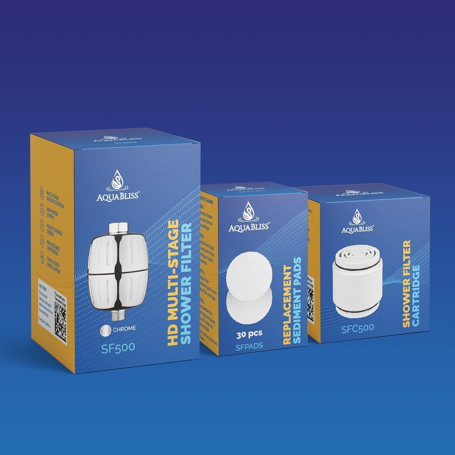 imageAquaBliss SF500 HD HEAVY DUTY High Output Shower Filter  wan Extra SFC500 Filter Cartridges ampamp 30pc Pack of Sediment Pads Exclusive Bundle